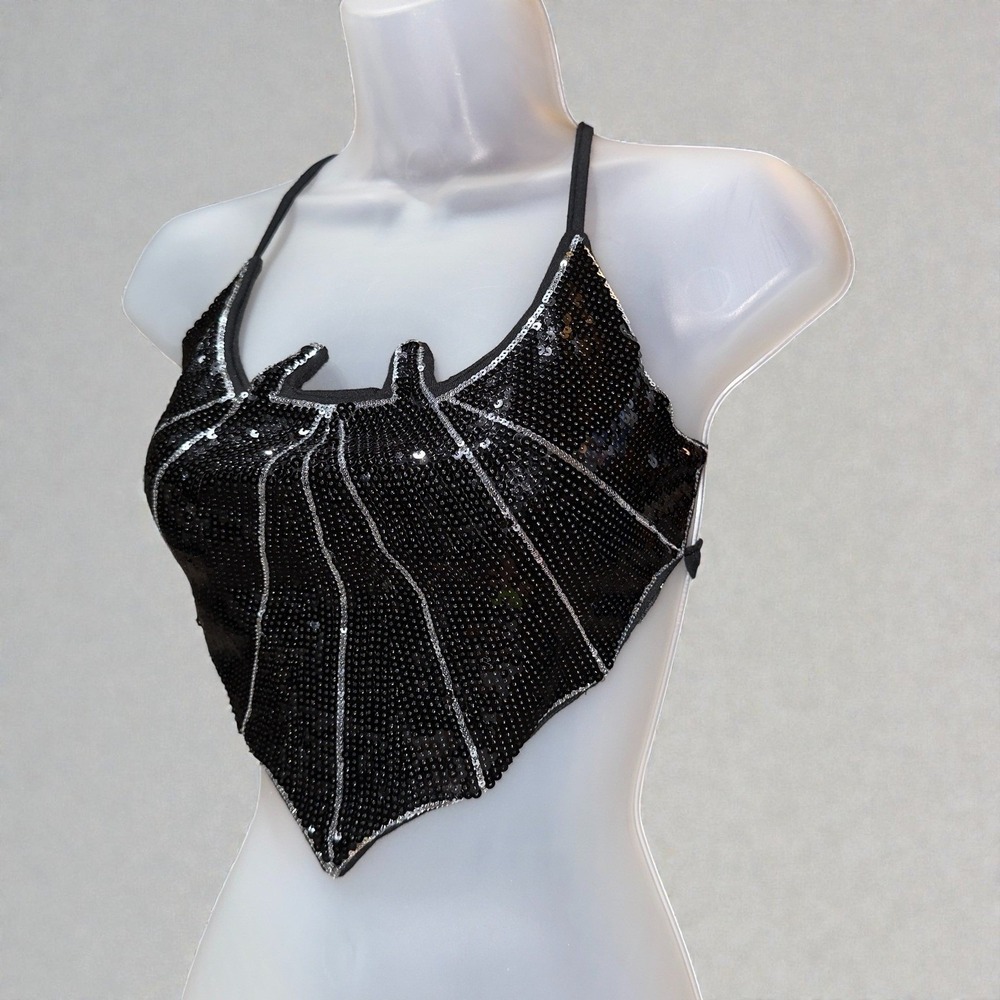 New Small Black‎ Sequin Bat Goth Halter Top Whimsygoth Halloween Backless Crop